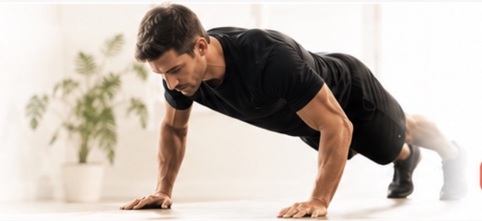 An athlete doing a push-up on an exercise mat at home